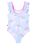 Blauw meisjes badpak met eenhoornprint en ruches